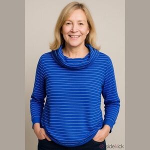 Rafaella Blue Cowl Neck Sweater with Tonal Stripes